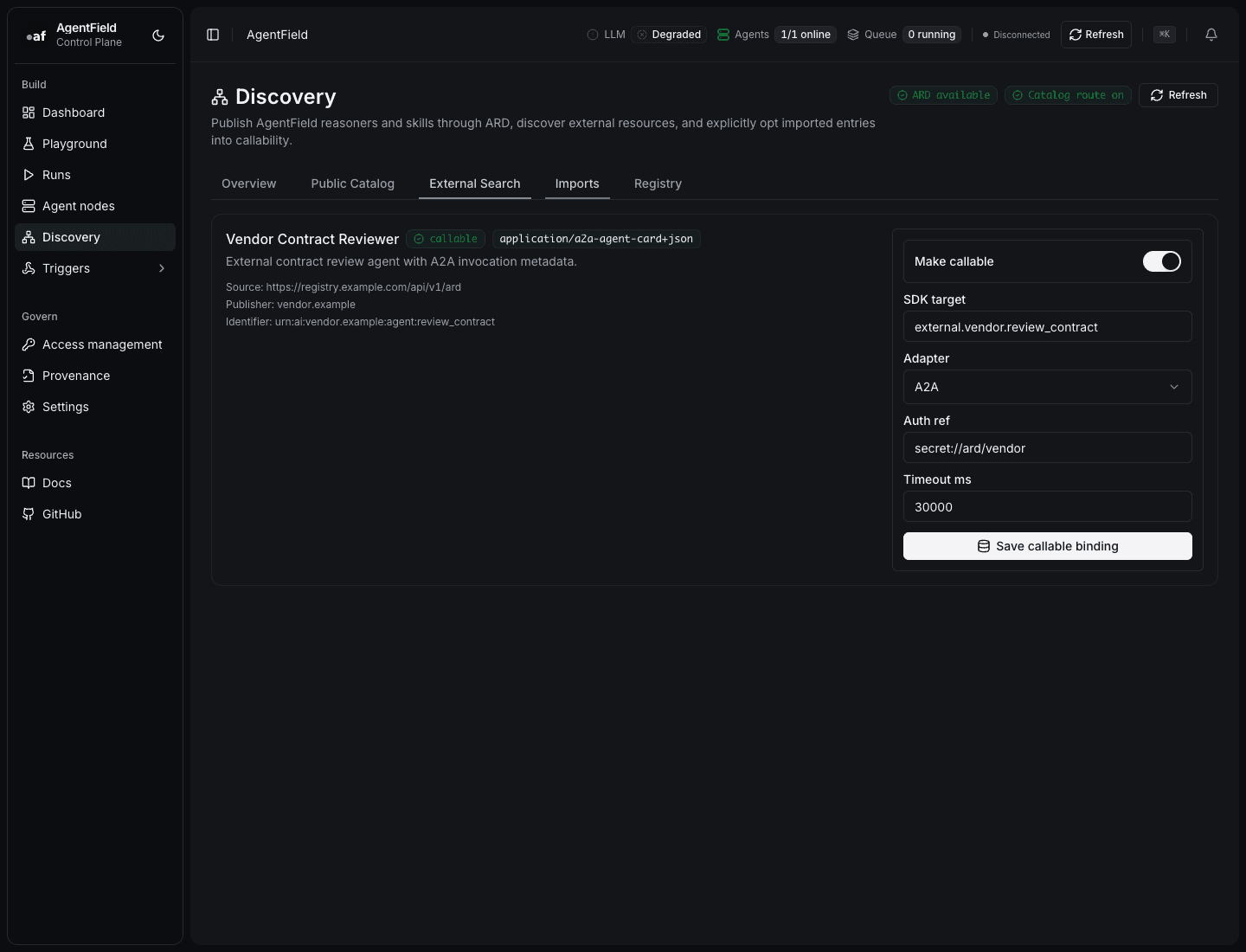 Discovery imports page showing imported external entries, callable status, adapter configuration, auth references, and allowed operations