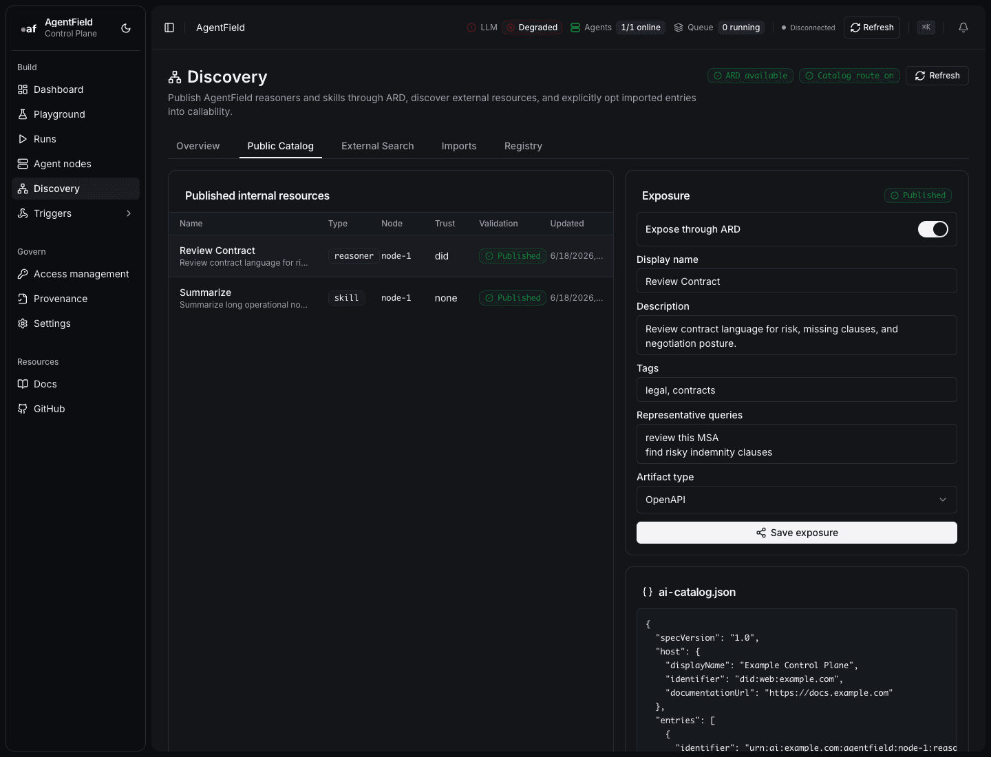 Discovery public catalog page with published AgentField capabilities and a generated ai-catalog.json preview