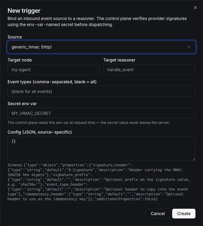 Generic HMAC connect dialog for a custom webhook trigger