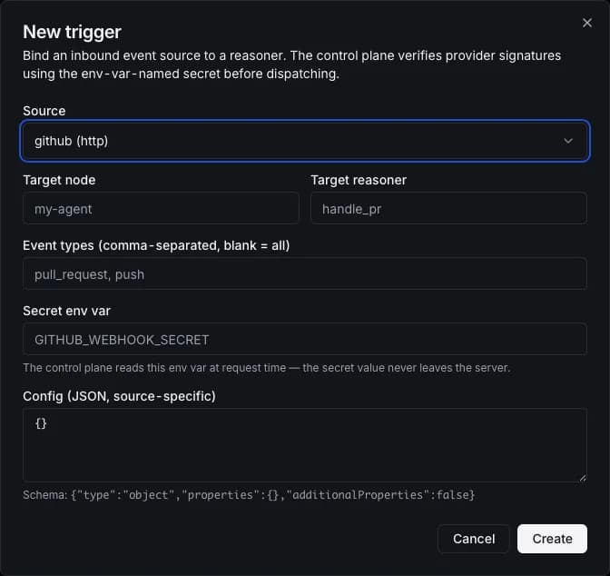 GitHub connect dialog for a signed webhook trigger