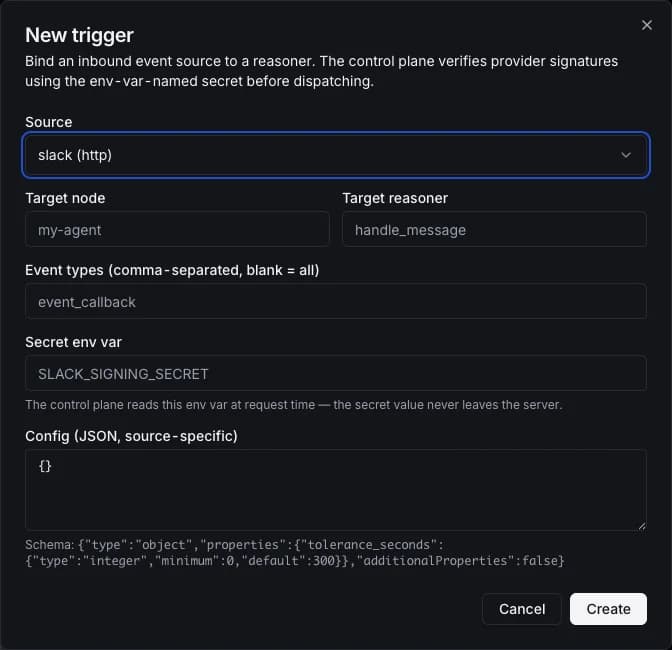 Slack connect dialog for a signed Events API trigger