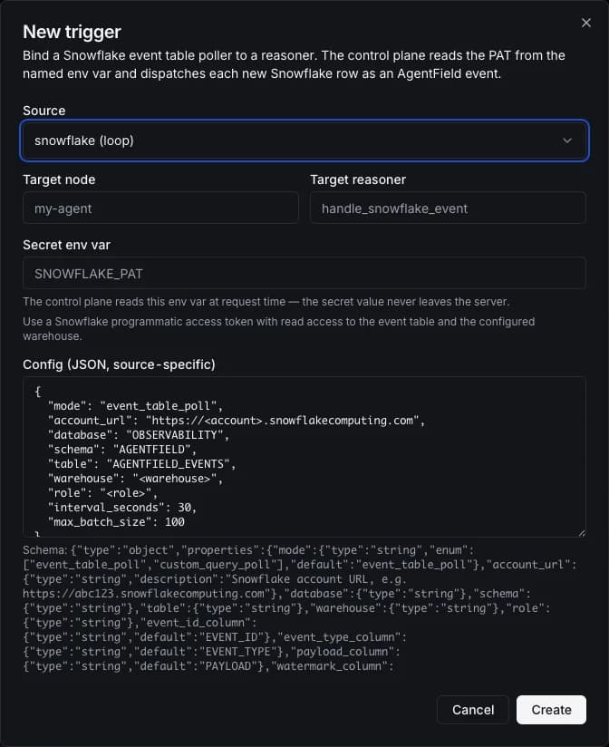 Snowflake connect dialog with event table polling config