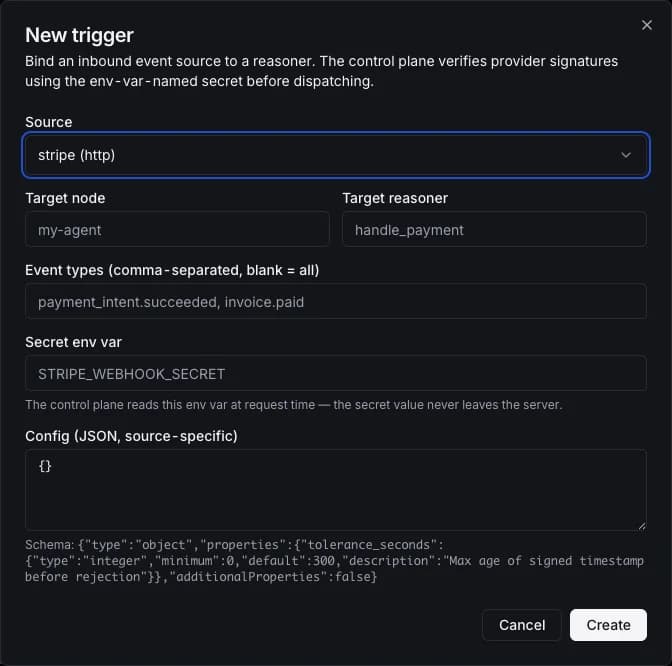 Stripe connect dialog for a signed webhook trigger