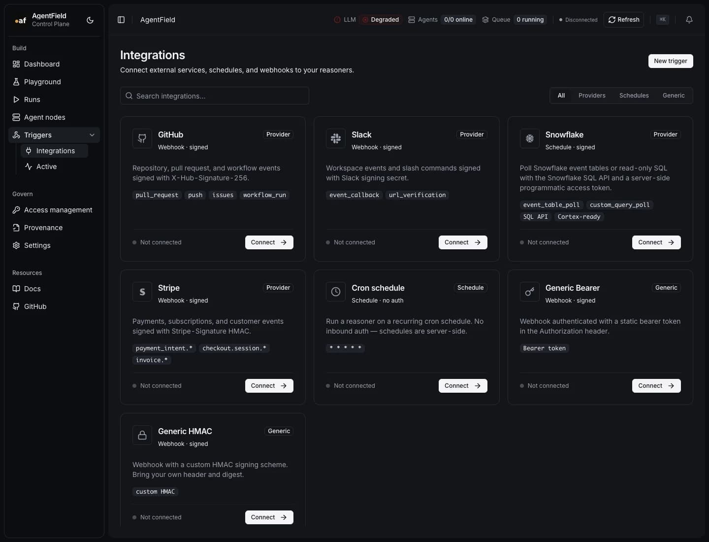 AgentField integrations catalog with first-party OSS sources