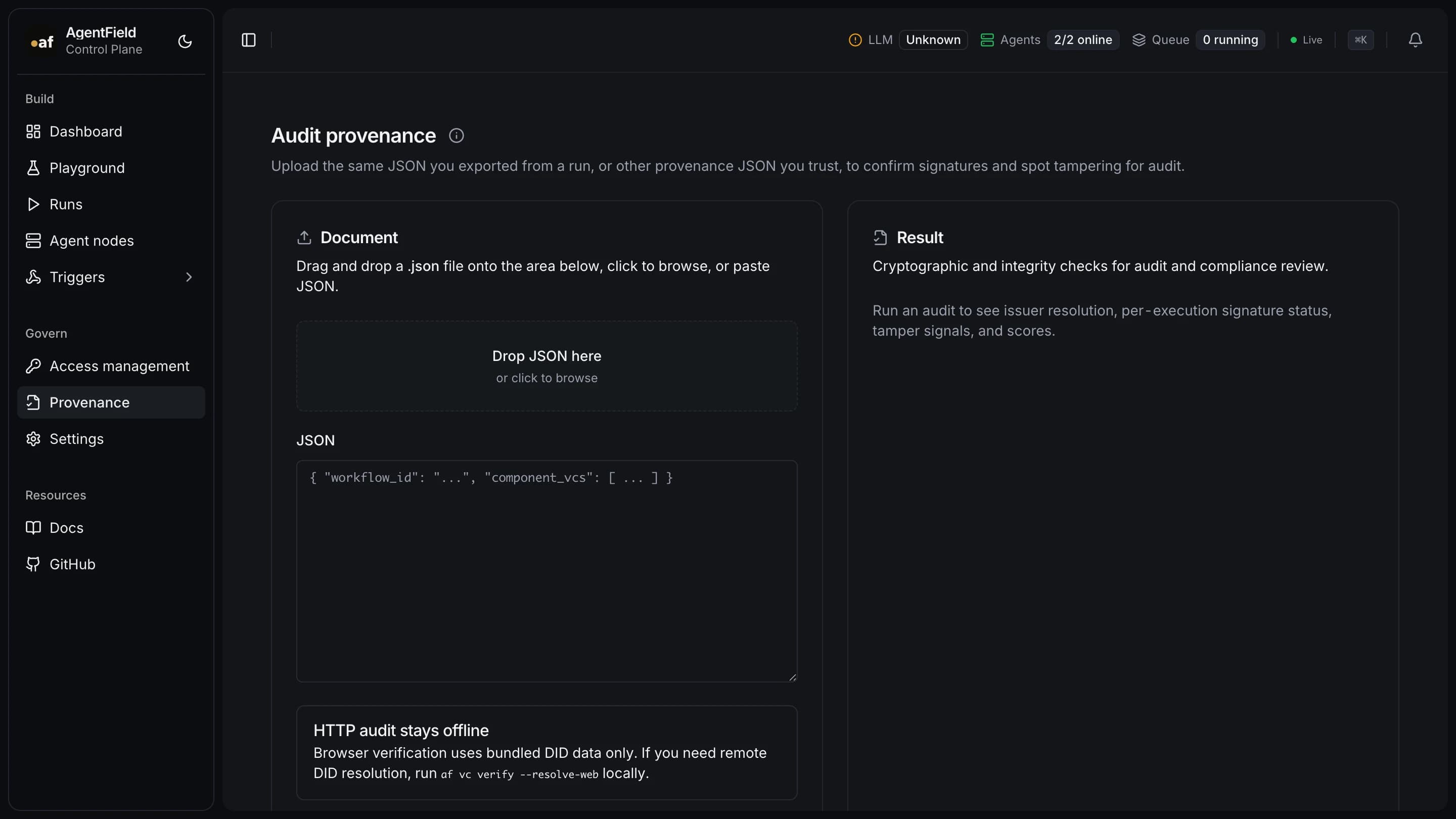 Provenance verification page — drag a VC JSON file to audit it offline
