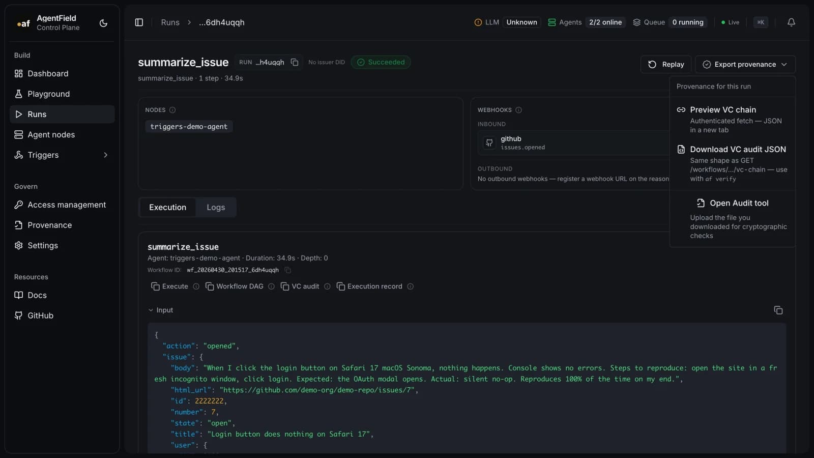 Run detail page showing Export provenance dropdown with VC chain preview, download, and offline audit options