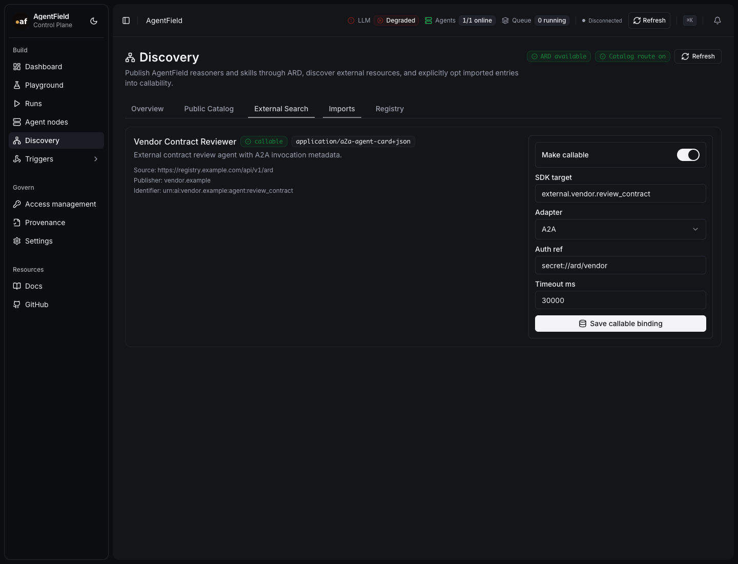 Discovery imports page showing imported external entries, callable status, adapter configuration, auth references, and allowed operations