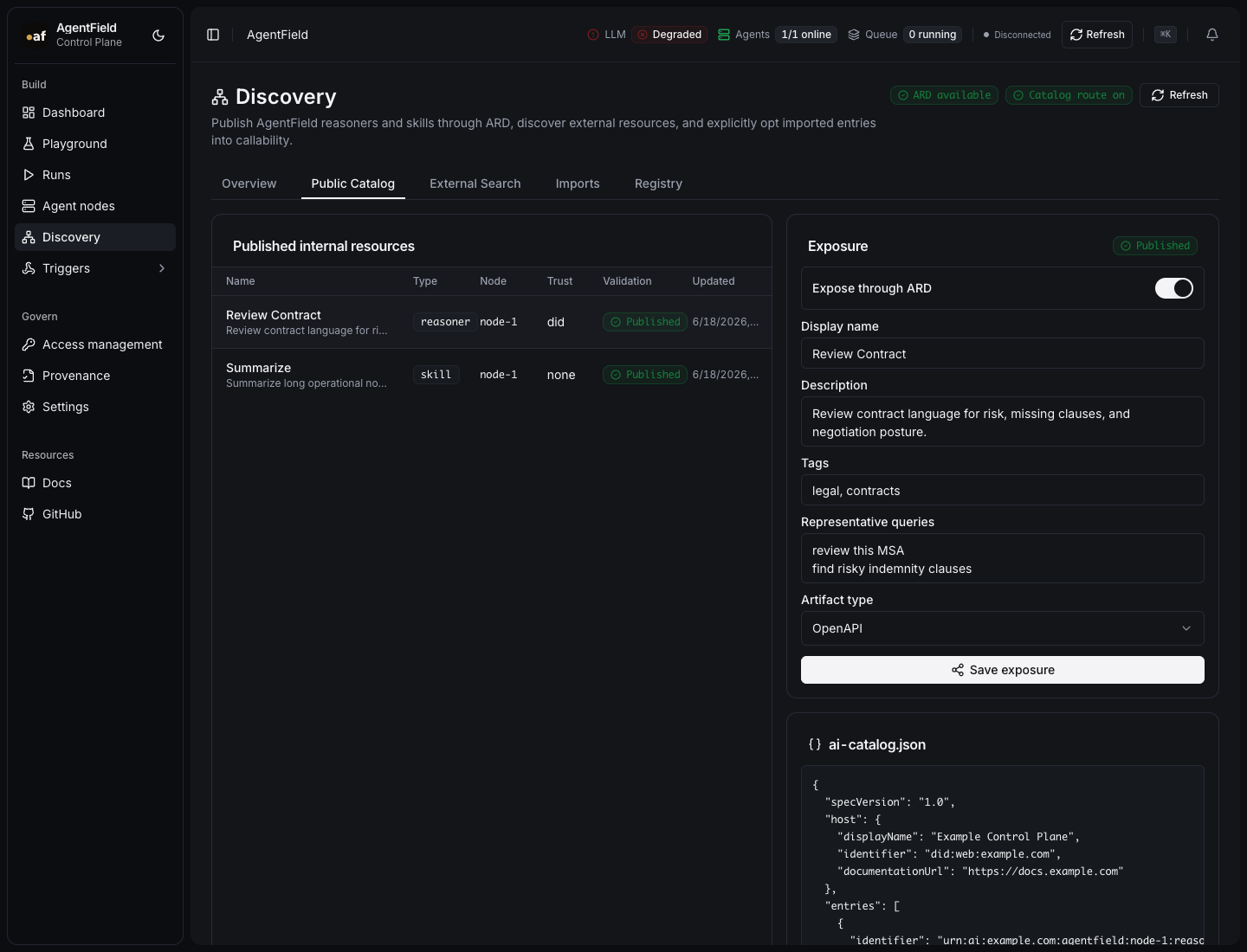 Discovery public catalog page with published AgentField capabilities and a generated ai-catalog.json preview