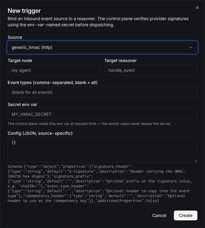 Generic HMAC connect dialog for a custom webhook trigger