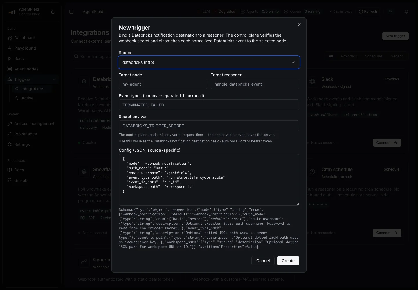 Databricks trigger dialog with notification destination config
