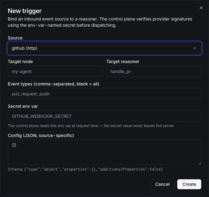 GitHub connect dialog for a signed webhook trigger