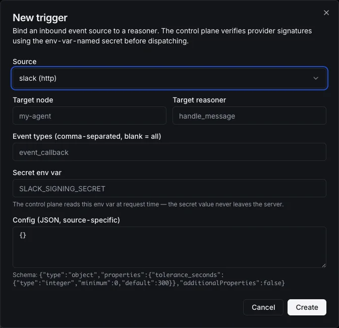 Slack connect dialog for a signed Events API trigger