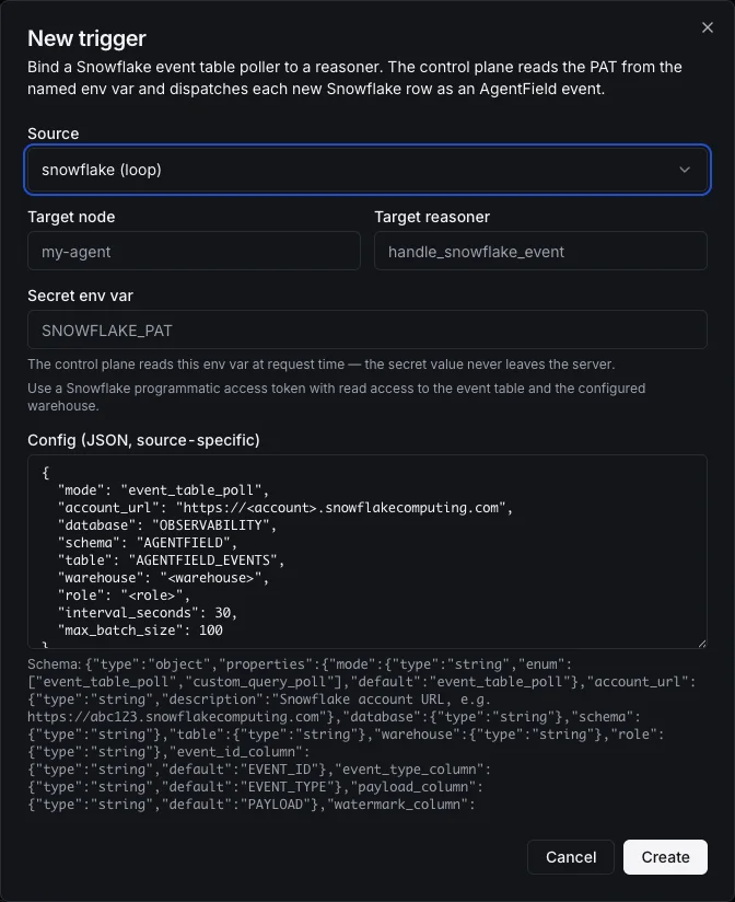 Snowflake connect dialog with event table polling config