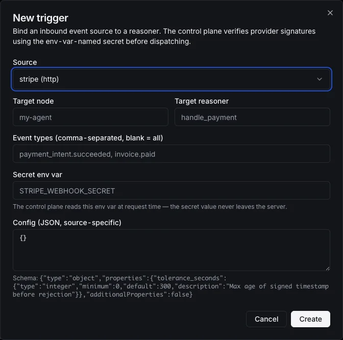 Stripe connect dialog for a signed webhook trigger