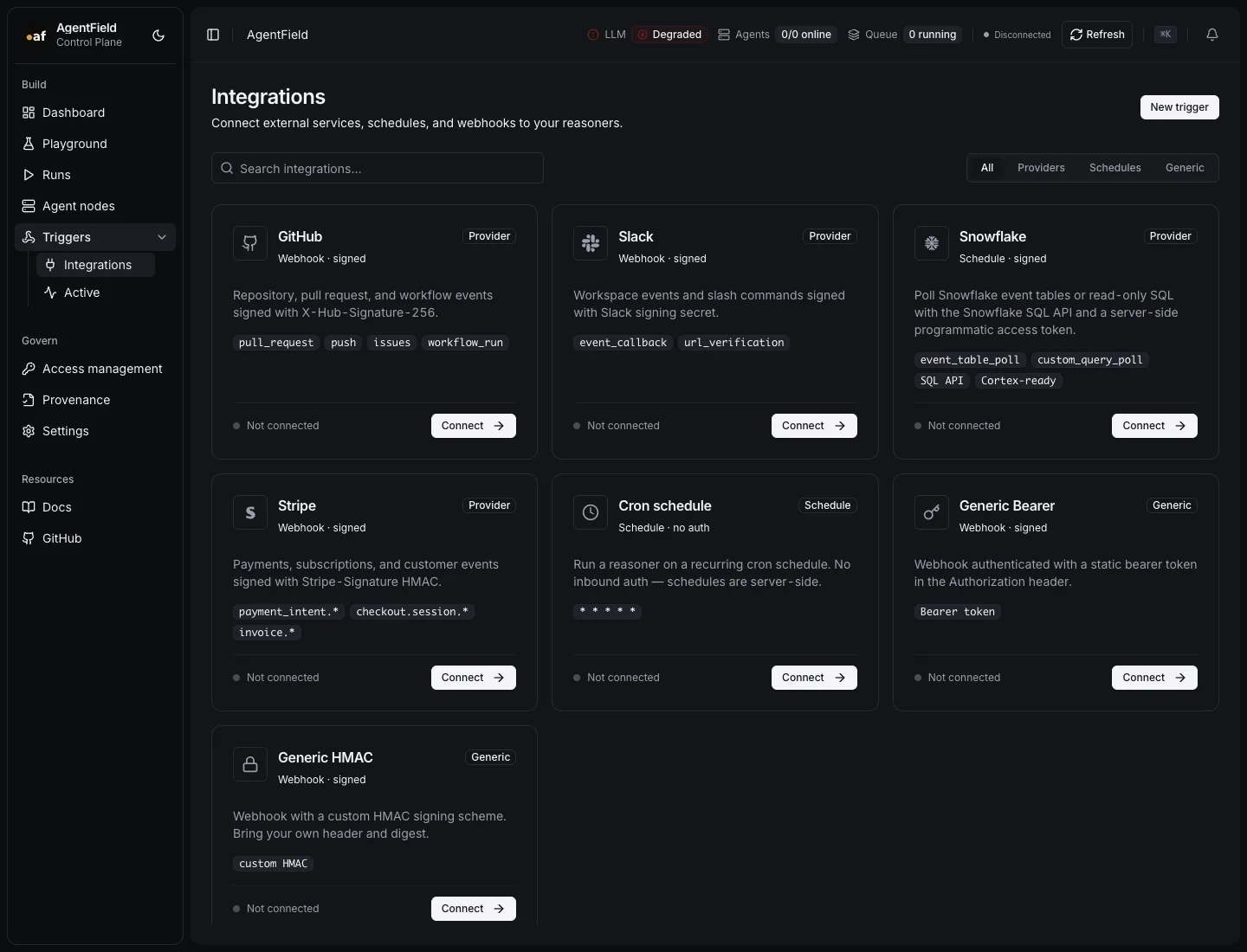 AgentField integrations catalog with first-party OSS sources