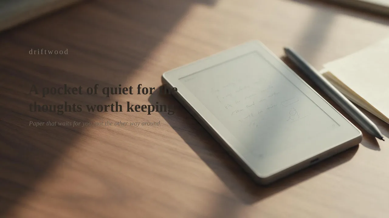 The wide banner: an e-ink notepad and a stylus on a wooden desk in soft light, with the headline A pocket of quiet for the thoughts worth keeping and the tagline Paper that waits for you, not the other way around.